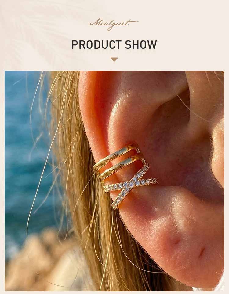 Ear Cuff Multi-Layer Cross CZ Clip Earrings for Women, 18K Gold Plated Brass Non-Pierced Cartilage, Fake Piercing Jewelry