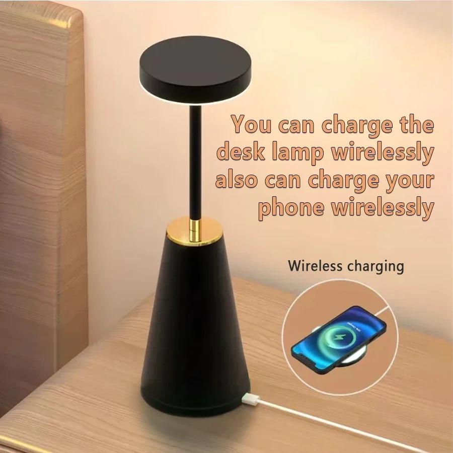Rechargeable LED Desk Lamp Wireless Charging Metal Table Lamp Eye Protection Bedside Reading Light Home Office Bar Ambient Light