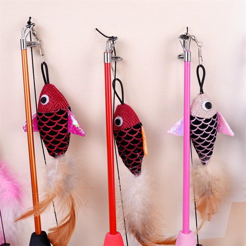 BOOTEELY Retractable Cat Toy Fish Type Telescopic Feathers Funny Cat Stick Toys Pet Toy for Kitten Rods Simulation Fishing Rod