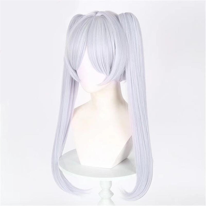 Frieren Cosplay Wig Anime Long Silver White Double Ponytails Wig Heat Resistant Hair Halloween Party Role Play Wigs + Wig Cap