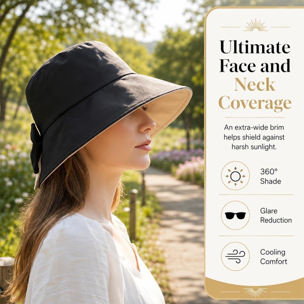Bowknot Wide Brim Sun Protective Hat, Foldable, 360° Protection Uv Protection Breathable Summer Travel Beach Hat