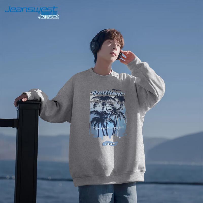 JEANSWEST Men's Round Neck Island Graffiti Pullover Sweatshirt