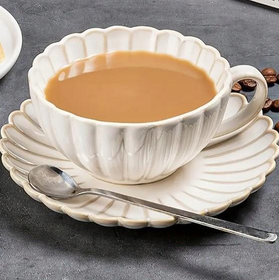 Elegant Ceramic Cup and Saucer Set for Tea Coffee White Large