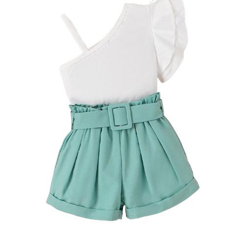 Girls' Leisure Suit Spring and Summer Children's Fashion Diagonal Shoulder Halter Flying Sleeve Top Short Belt Suit