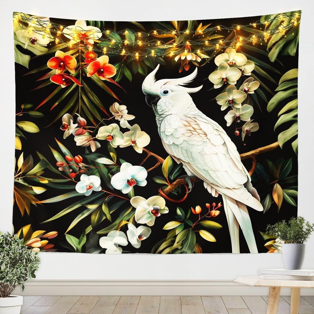 3D Parrot Tapestry,Palm Leaves Floral Wall Hanging Art Kids Boys Girls Home Room Decor,Tropical Wild Animal Plant Wall Blanket