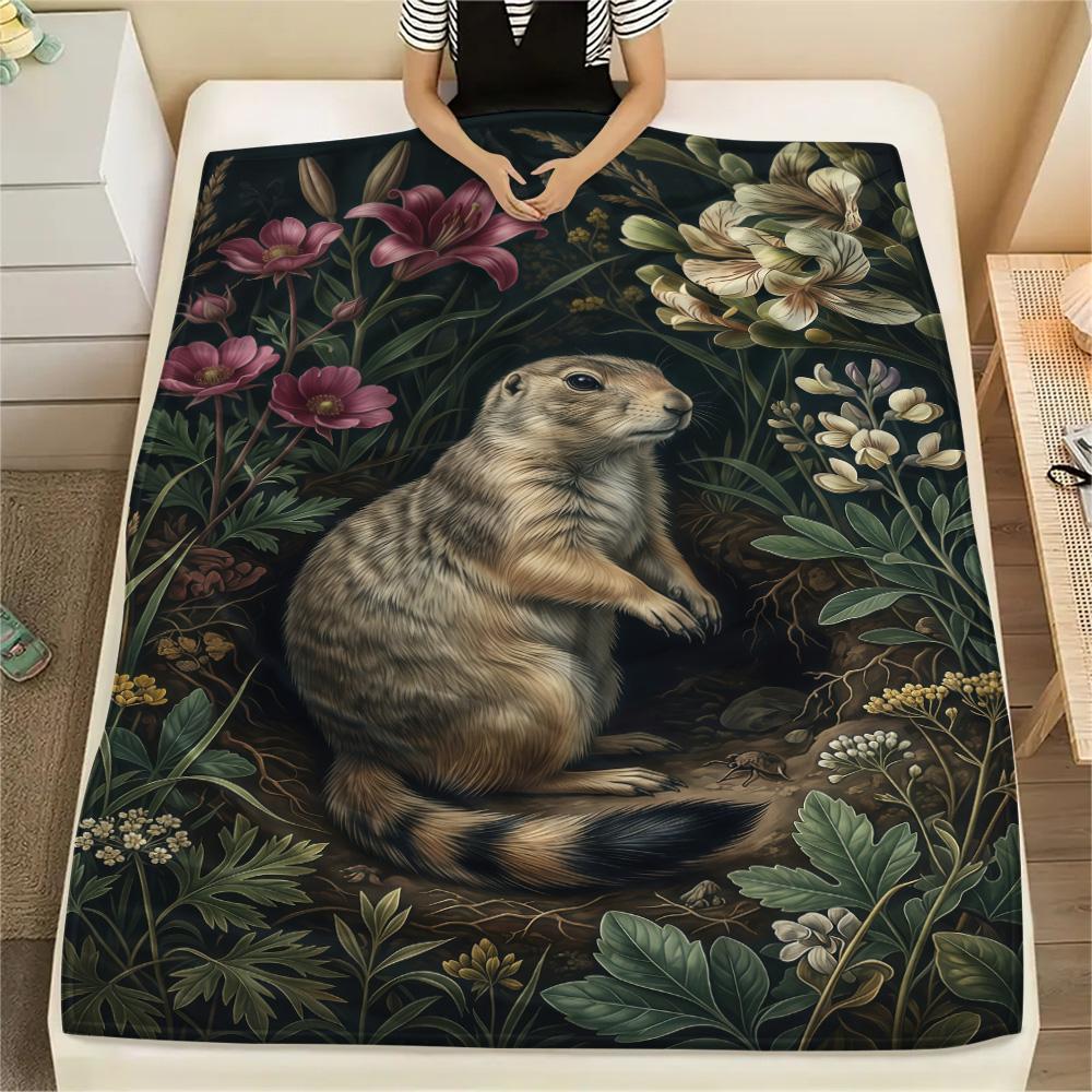 1PC Cute Little Groundhog  Print FlAannel Blanket, High Quality Comfortable for All Seasons, Home Decor, Warmth and Comfort