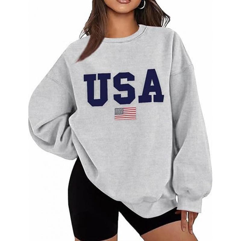 Women's Gothic Harajuku Plus Size Round Neck Hoodie with American Flag Print