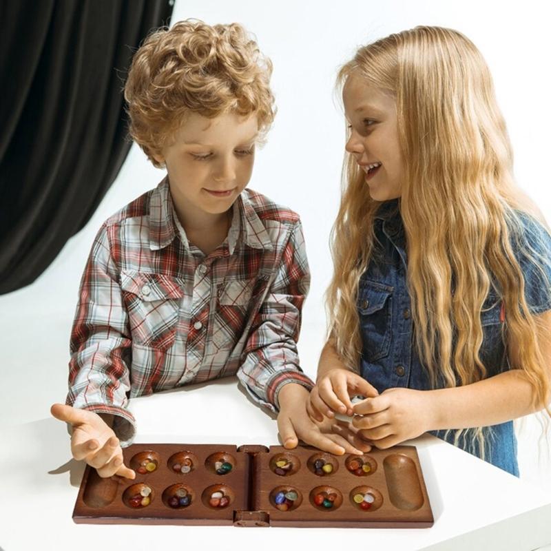 Portable Wood Chesses Game with Gemstones Pieces and Safe Storage Box Suitable for Kids Logics Training and Travel Use