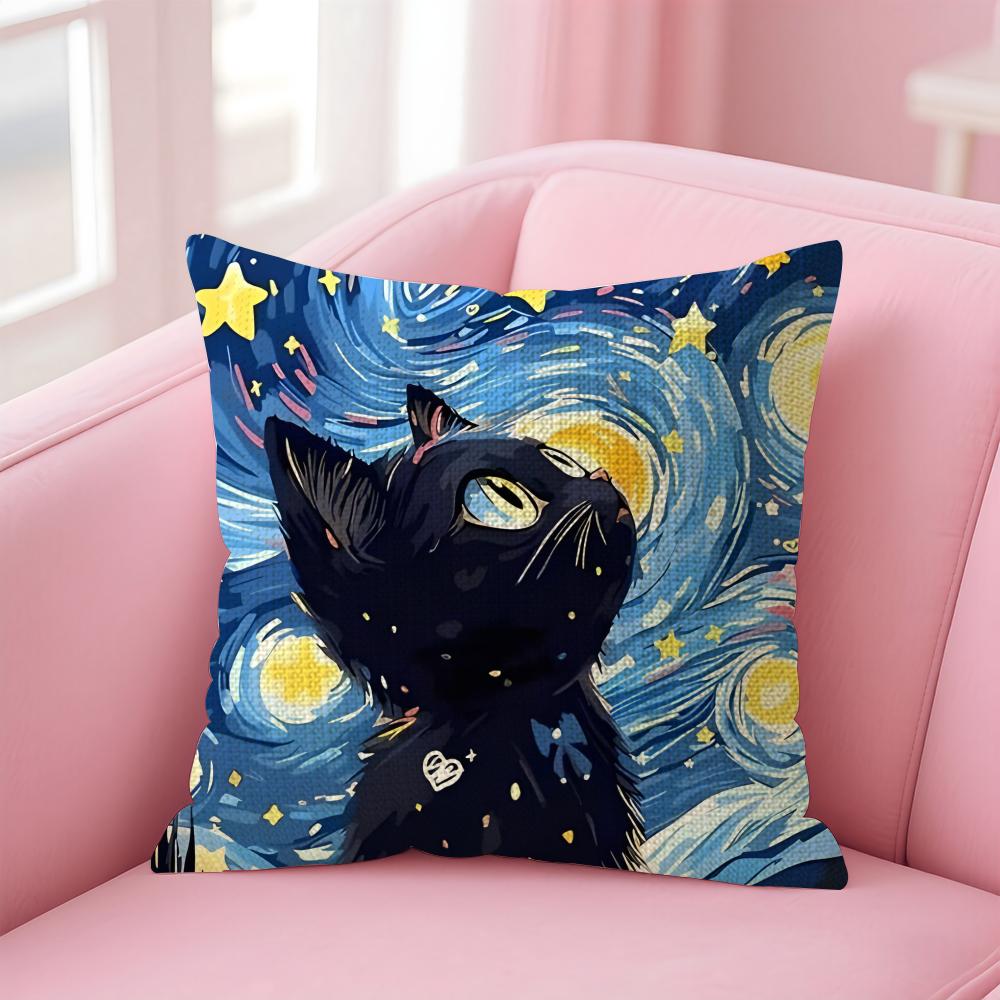 The Starry Night Cat Cushion Cover Natural Linen Pillow Case Double-Sided Print Decorative Sofa Pillowcase Home Decor Gift