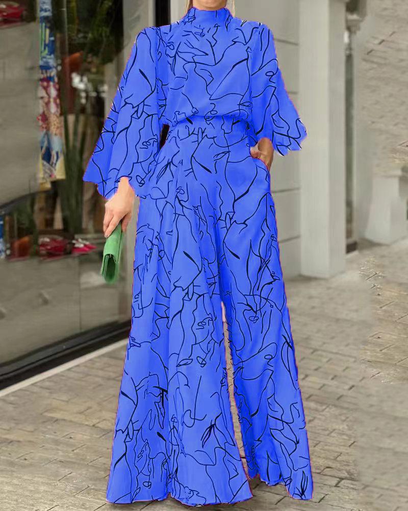 2026 Women's Elegant Waist-Cinching Long Sleeve Halter Jumpsuit with Lace-up and Print
