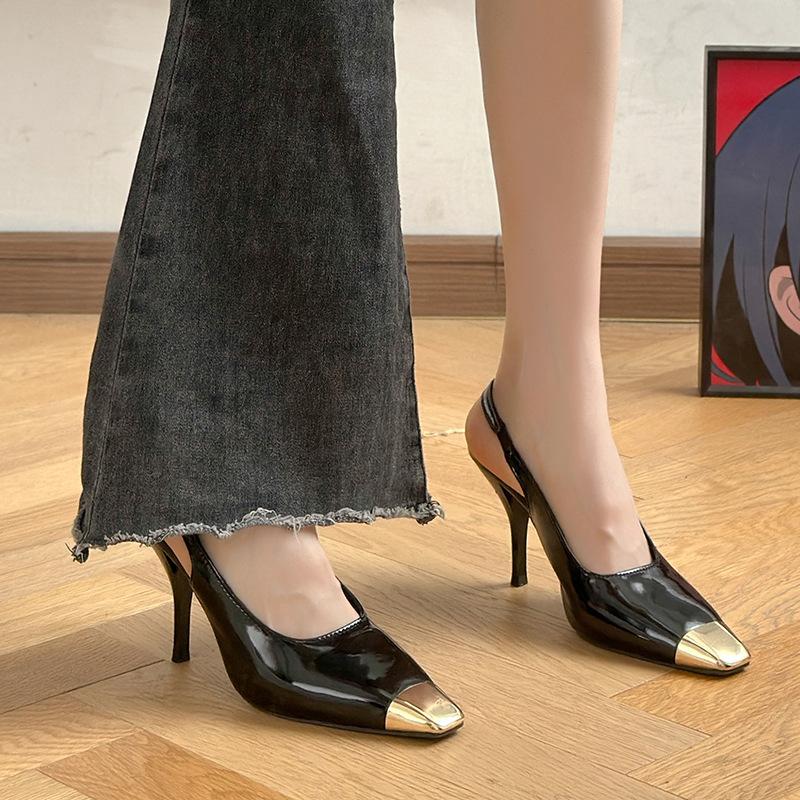 

Black professional high heels women s 2025 summer new models are not tired, thin heels, metal head, shallow mouth, square head sandals 40