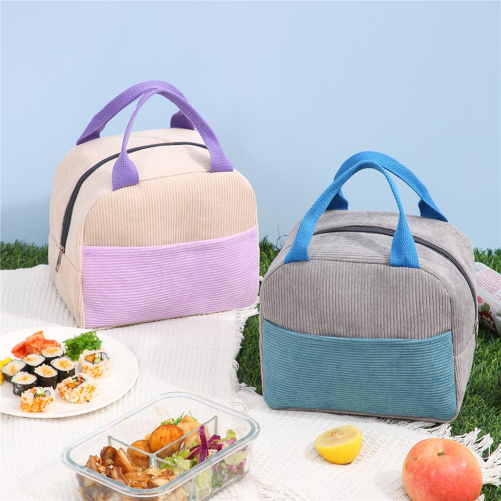 New Corduroy Thickened Waterproof Handheld Lunch Bag Ice Pack Lunch Box Bag Split Color Thermal Bag Fresh Style Lunch Pouch