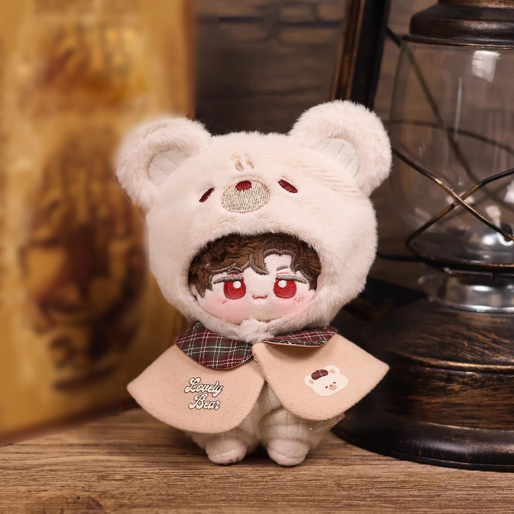 Niannyyhouse Plush Doll Clothing Set (10-15cm) - Hat, Cape, Pants, Wolf Bear Pattern - Plush Doll Dress-Up Accessory (Gray)
