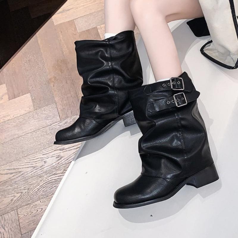 Fashion Studded Metal Buckle Pleated Single Boots Women's Autumn New Round Toe Sleeve Non-Slip Block Heel Short Boots