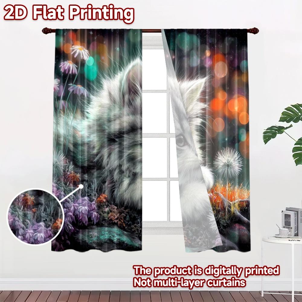 2D Flat Printing 2pcs Curtain Curtains Dreamy Kitten with Flowers Digital Printed Polyester Drapes Festive Wall Decor for New