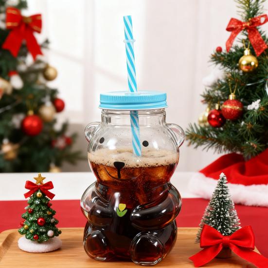 Yousheng Bear Glass Sippy Cup with Leak-Proof Lid Straw Cute Bear Glass Mug for Juice Milk Tea Smoothies Creative Bear-themed Drinkware