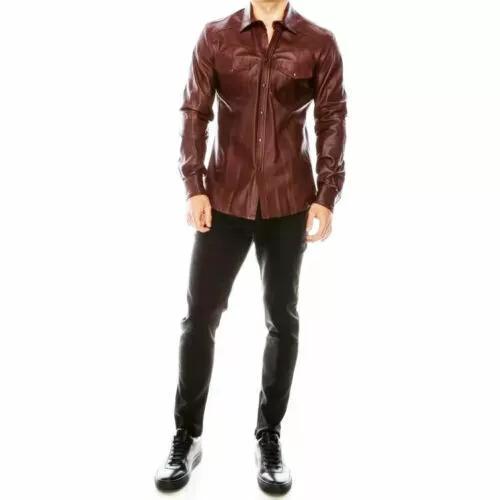 Men Brown Shirt Formal Stylish Party Lambskin 100% Casual Soft Leather Real Handmade