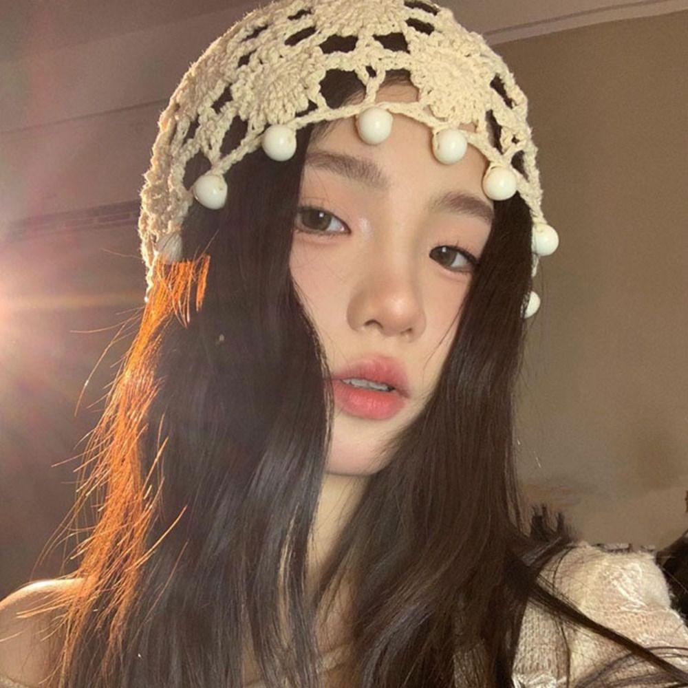 Sweet Knit Beanies Beads Tassels Weave Cap Retro Crochet Hollow Knitted Hat  Girls