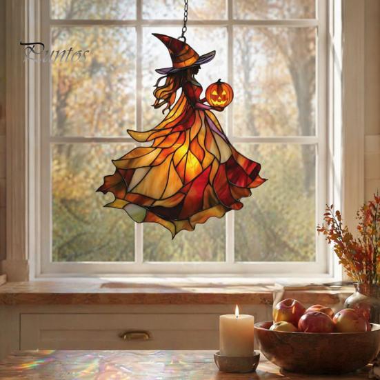 Decorative Chain Hanging Witch Acrylic Suncatcher, Stained Glass Effect Window Car Ornament, Gothic Scary Art with Pumpkin Lantern Sun Catcher