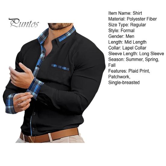 Men Formal Shirt Loose Pald Printing Patchwork Button-down Cardigan Business Office Shirt Mid Length Lapel Daily Top