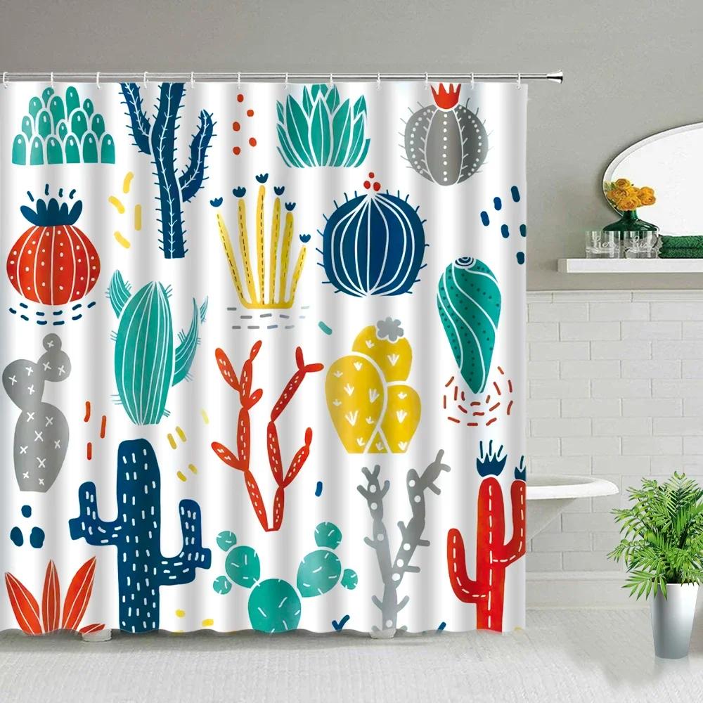 

Tropical Green Plant Cactus Flower Shower Curtain Waterproof Fabric Bath Curtains Bathroom Decor Screen 3d Printing With Hooks W90xH180cm