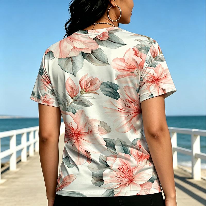 Women's Short Sleeve Top, Basic Versatile Floral Tee, Soft & Comfy Casual Shirt for Daily Shopping, Errands & Casual Leisure Wear