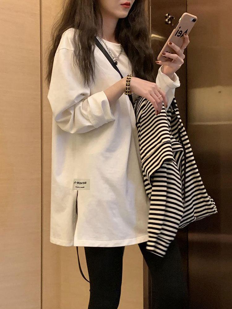 Women's Large European Style White Long-Sleeve T-Shirt - Loose Mid-Length Base Layer for Spring, Autumn, Winter.