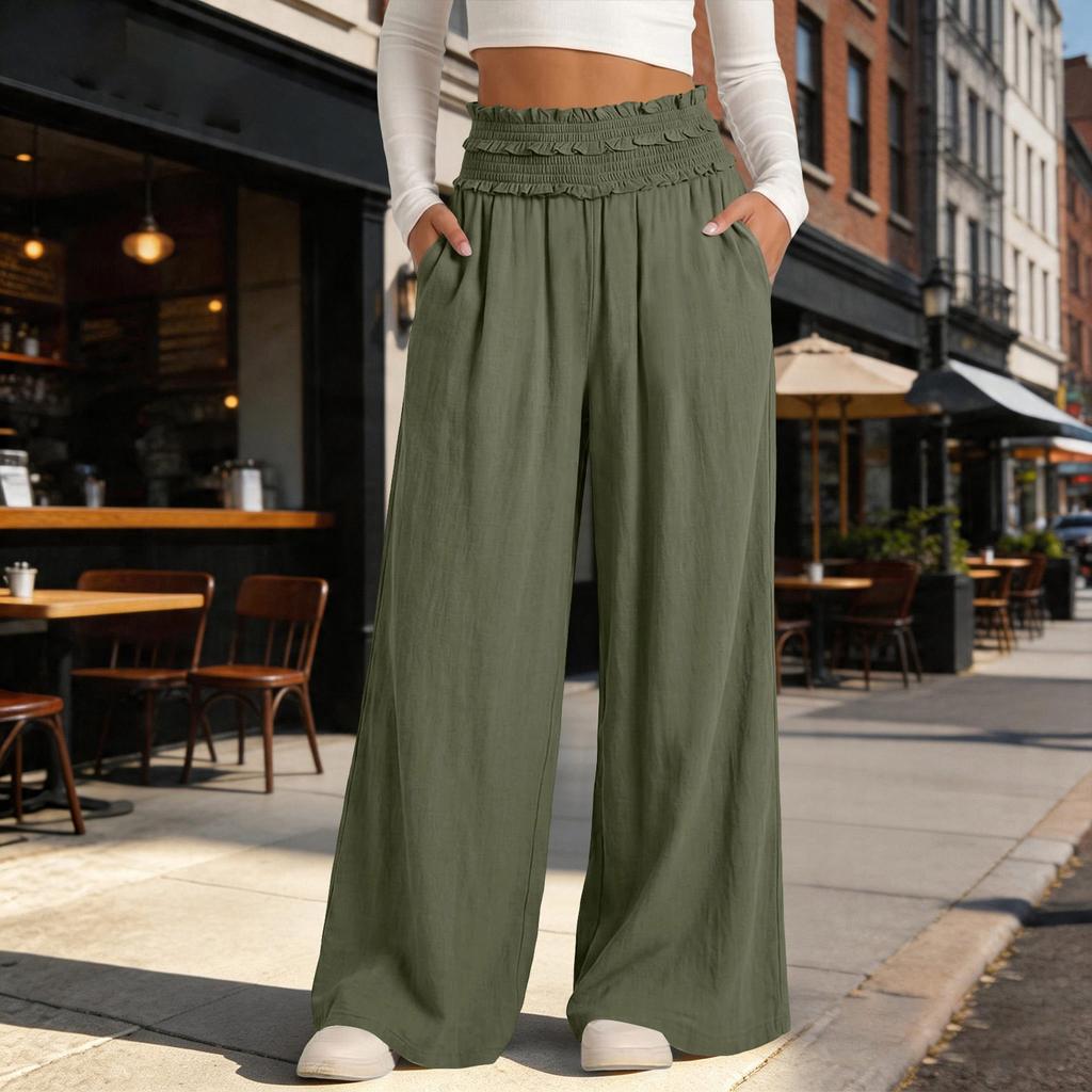 Women's Wide Leg Pants High Waist Loose Fit Pleated Bohemian Style Travel Casual Trousers with Pockets Summer Fashion Solid Color