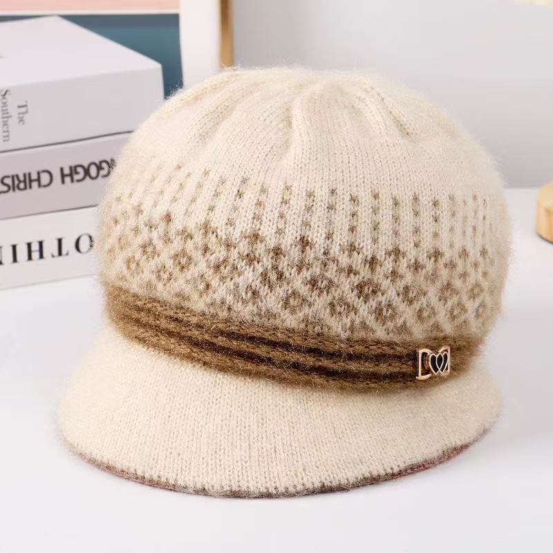 Autumn and winter new medium and old hats women's knitted wool hats women's fleece warm ear protection hats mother grandma hats