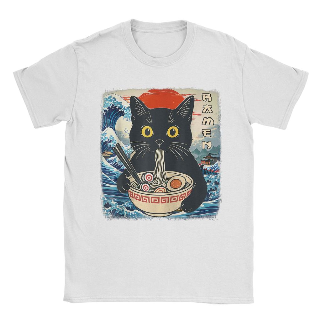 Funny Japanese Black Cat Ramen T-Shirt Men Crew Neck 100% Cotton T Shirts Kawaii Noodle Cat Short Sleeve Tees Birthday Gift Tops