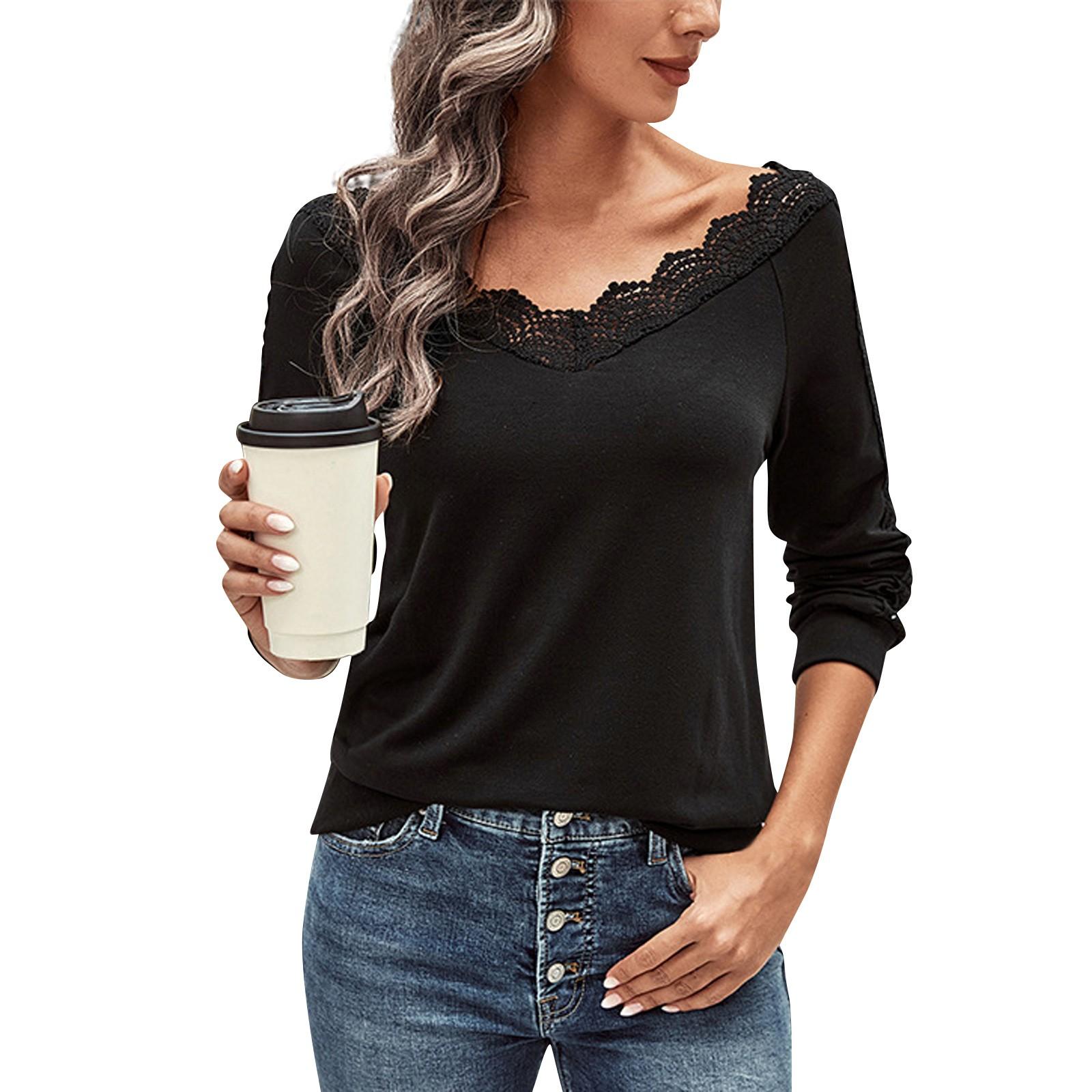 

Женская майка с V-образным вырезом, кружевной отделкой, длинными рукавами, однотонный повседневный топ XL чёрный