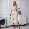 European and American Women's Clothing Women's Floral Print Short-sleeved Dress Notched V-neck Elegant Long Dress