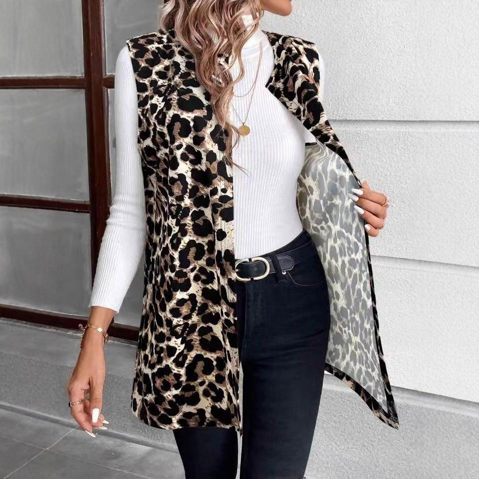YYFS Women's Fashion Casual Leopard Print Autumn Winter Sleeveless O-Neck Jackets & Coats