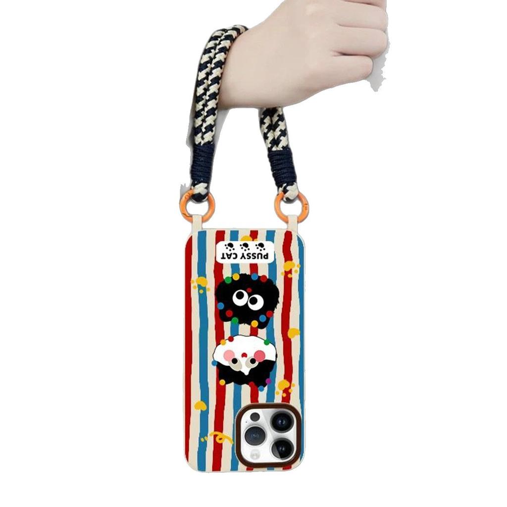 Hanging Rope Card Bag Phone Case Striped Cat for Apple 17PROMAX Cooling Temperament Shell Bracelet Phone Case