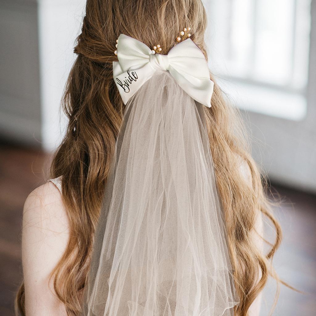 White Bride Pearl Hair Bow Veil Bridal Shower beach Photo Prop Bachelorette Hen party weekend girls trip Wedding decoration Gift