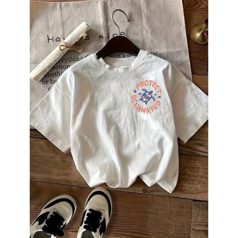 Protect Ocean Kind "geometric Print Summer Round Neck Short Sleeved Casual Cotton Comfortable T-shirt Top