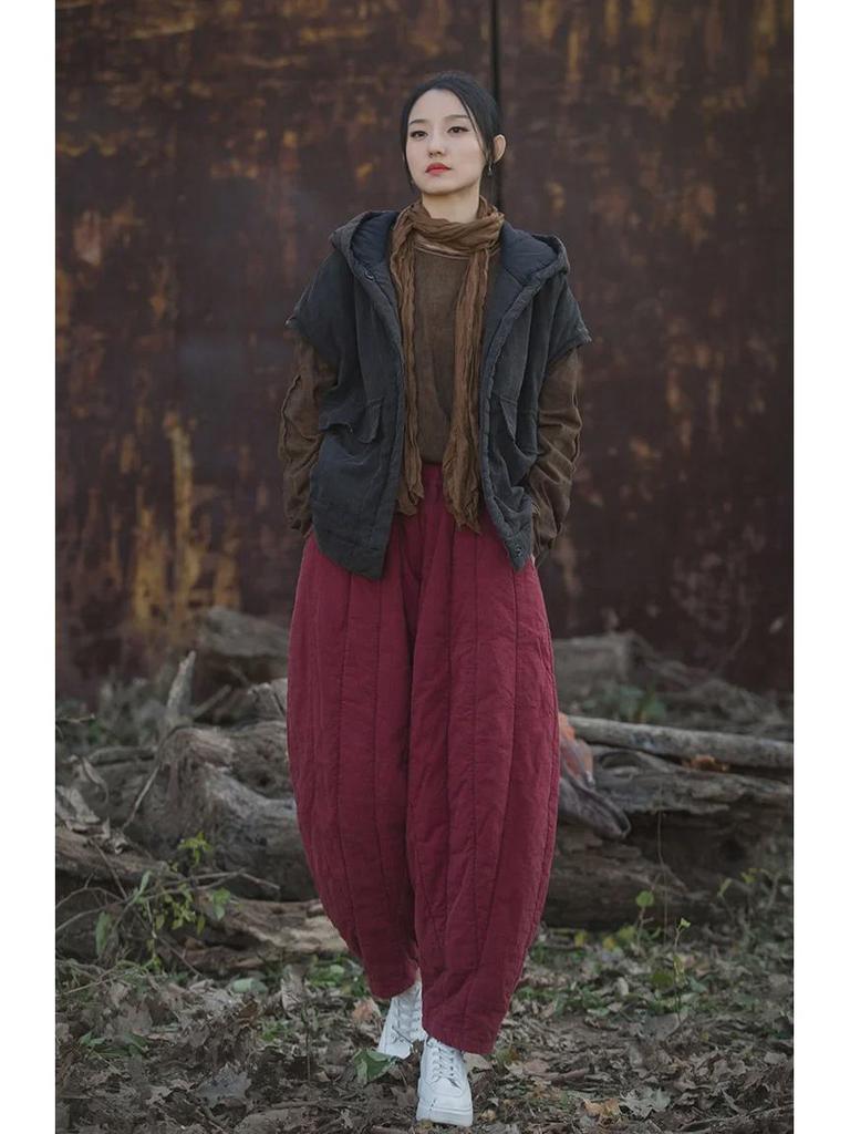 Women's Quilted Cotton-Linen Bloomers: Warm, Loose Carrot Pants for Autumn/Winter
