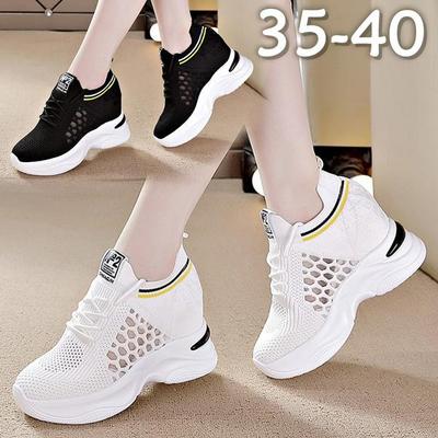 Zapatos de mujer transpirables con cuña de tacón alto, novedad de verano, zapatos blancos y negros, cuñas ocultas, tacón de 8cm, zapatillas informales con plataforma con cordones para mujer