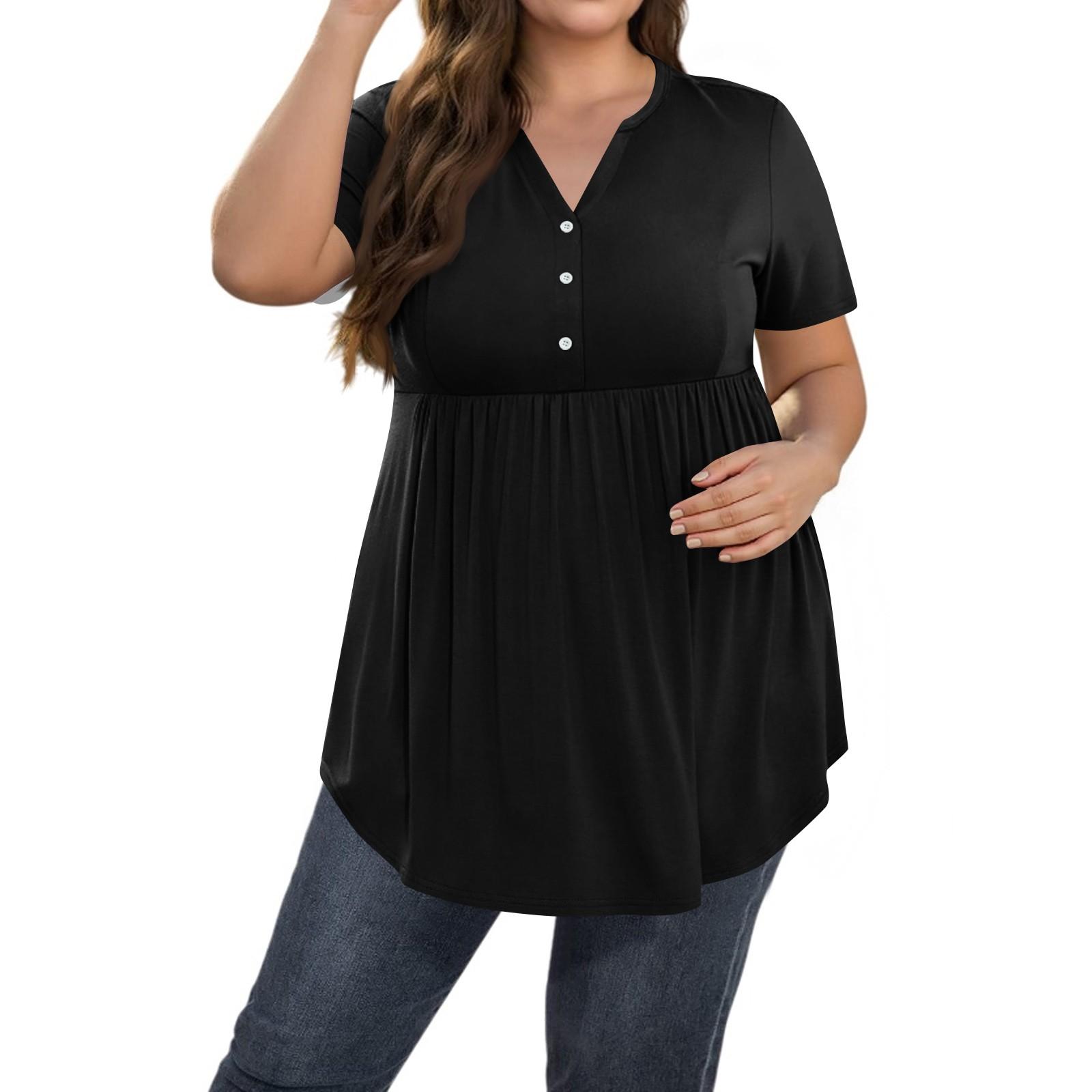 

Women s Solid Color Large Size V Neck Button-Up Top Casual Short Sleeve Flowy Top L чорний