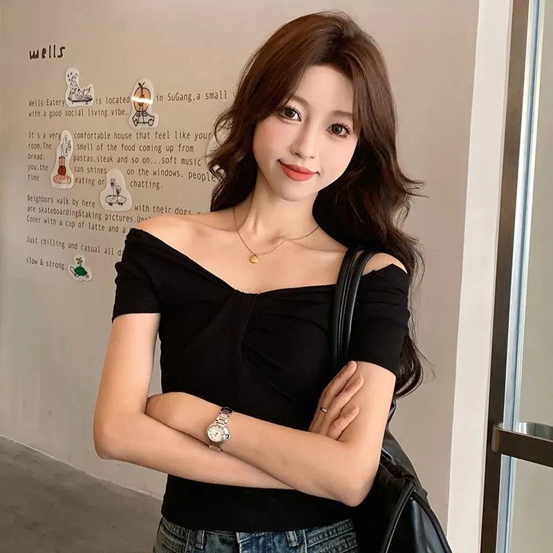 

Summer New Pure Lust Style Hot Girl Reversible Short Pure Cotton Short-sleeved T-shirt Women s Slim Design Top XL чорний