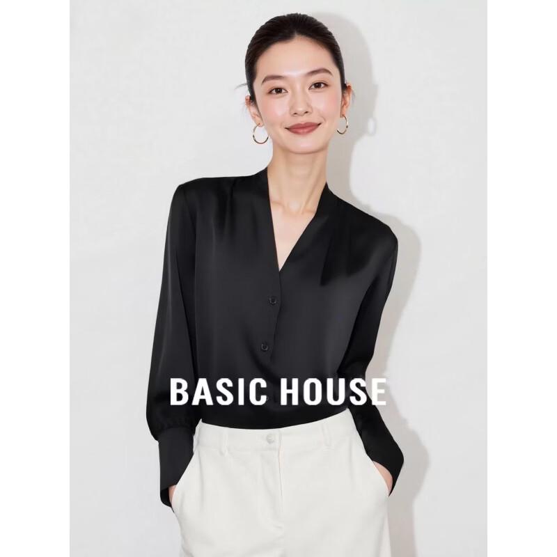 Basic House Women s V-Neck Satin Blouse M