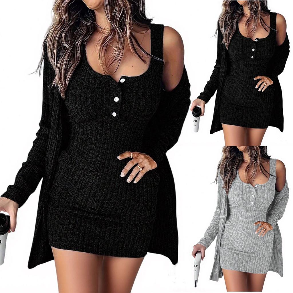 Damedrakt i 2 deler Ribbestrikket langermet cardigan med åpen front og bodycon kjolesett