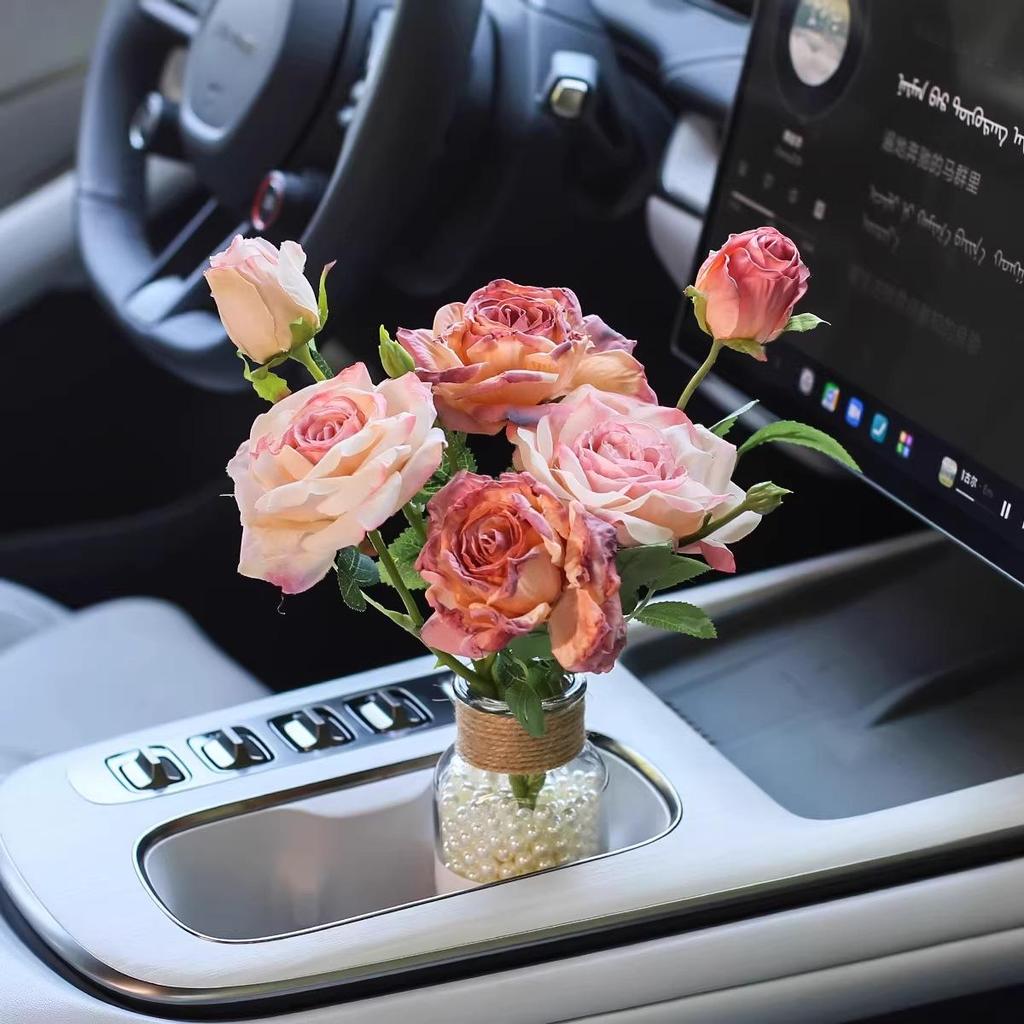 Burnt Edge Rose Imitation Oil Painting for Car Interior Decoration – Cup Holder Floral Ornament