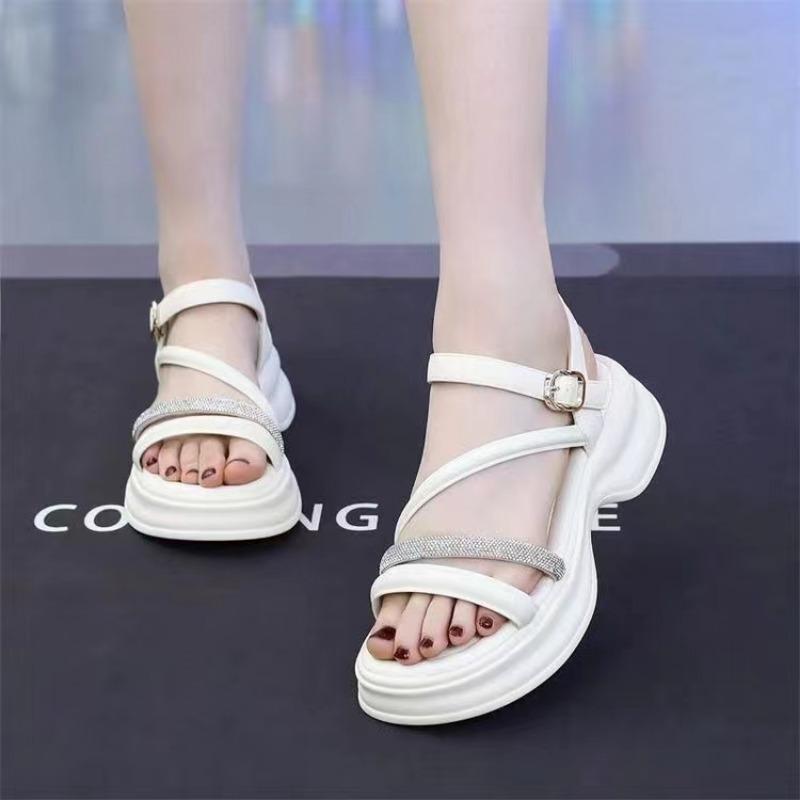 Fashion Summer 2024 New Roman Sandals for Women Shoes Peep Toe Rhinestone Ankle Buckle Comfort Increasing Height Sole Sandal