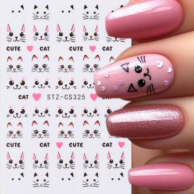 Nail Art Sticker Cute Pink Kitten Cartoon Graffiti Cat Adhesive Nail Sticker
