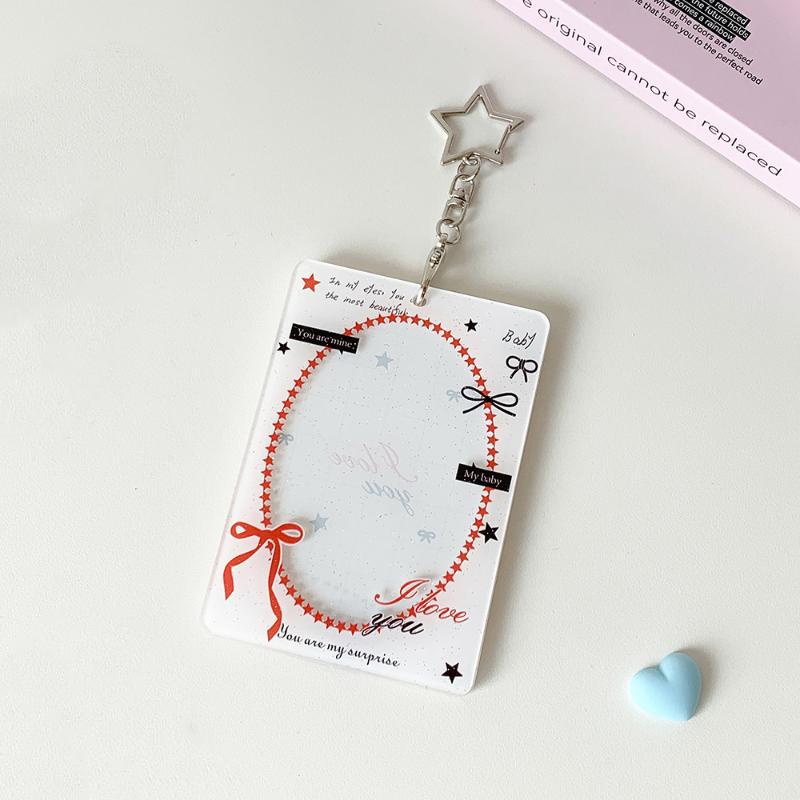 Cute Heart Bow Photocard Holder with Star Keychain Lace Frame Transparent ID Card Protector for Teen Girls Gift Card Display