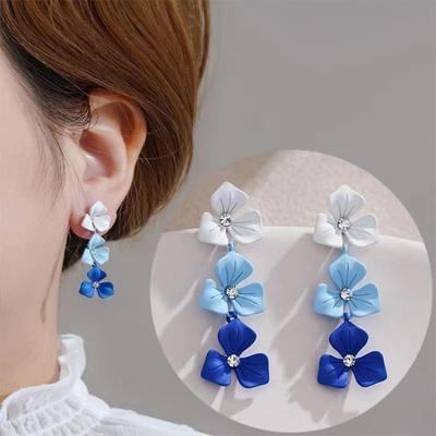Color Gradient Flower Drop Earrings for Women Korean Cute Long Temperament Wedding Earrings Petal Plant Jewelry