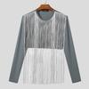 INCERUN Men Round Neck Front Tassel Patchwork Long Sleeve Casual Crop Tops T-shirts