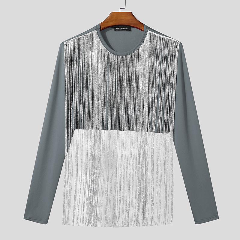 INCERUN Men Round Neck Front Tassel Patchwork Long Sleeve Casual Crop Tops T-shirts