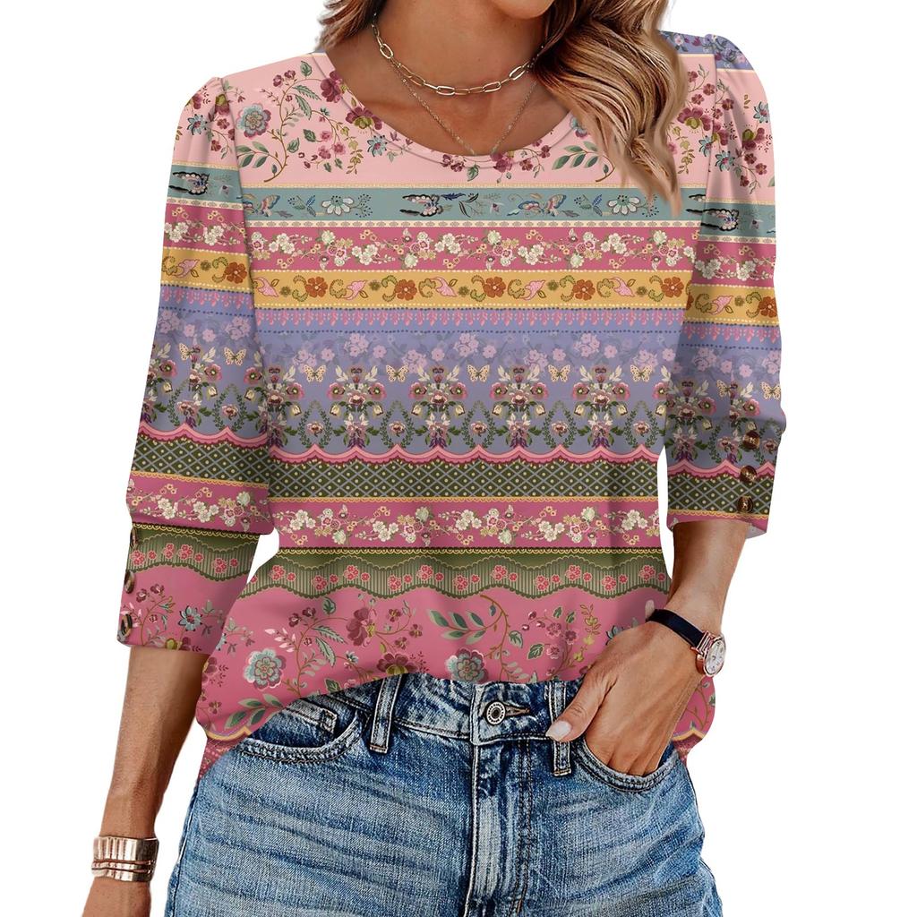 Womens Tops 3/4 Sleeve With Buttons Casual Blouses Summer Outfits Beach Vacation Clothes